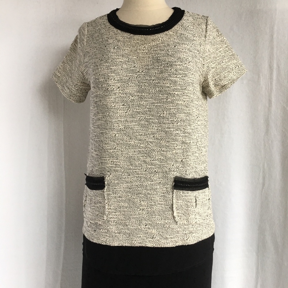 J. Crew Black and Cream Textured Short Sleeve Top